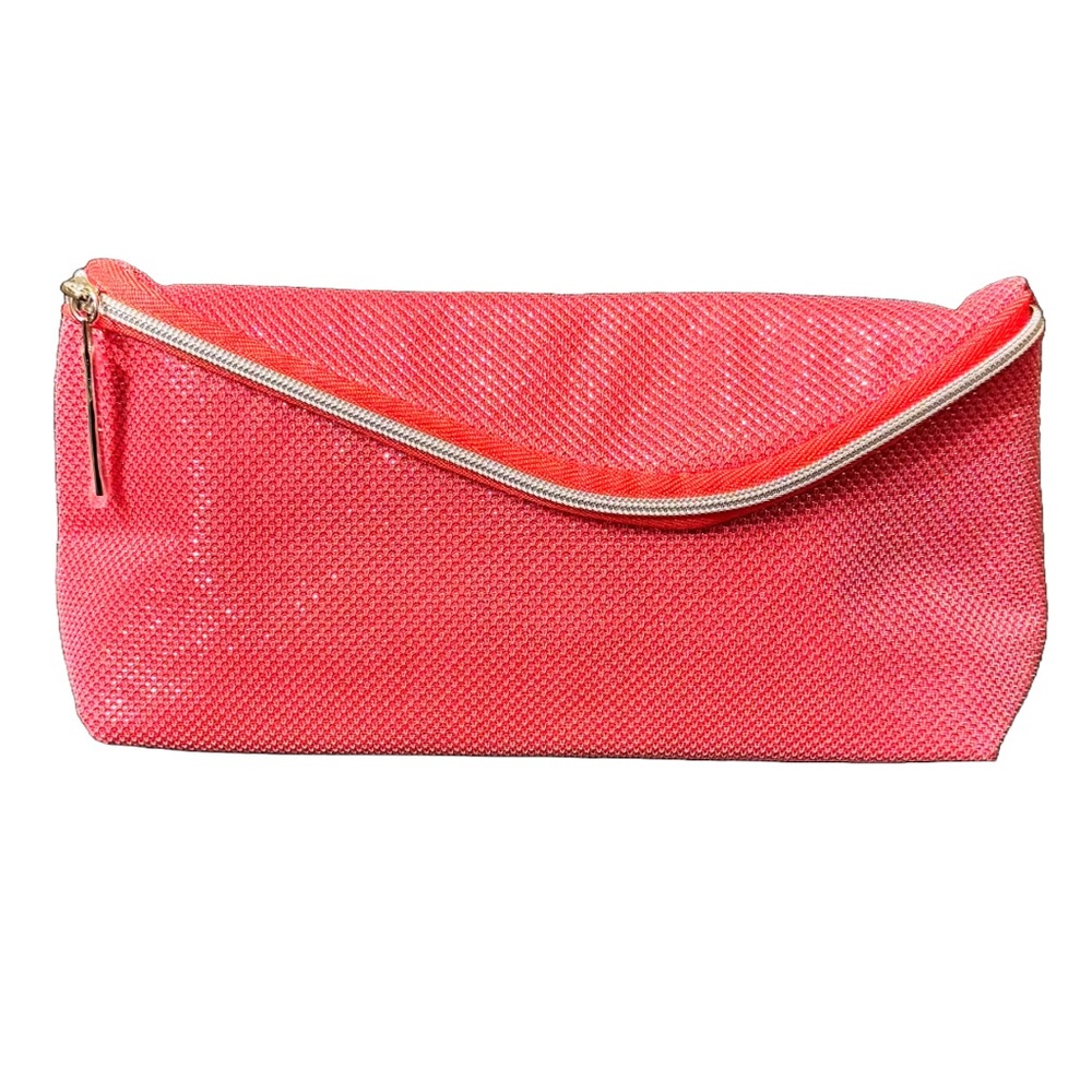 💖 Lancôme Shimmering Pink Cosmetic Pouch – Fold-Over Gold Zip Clutch ✨